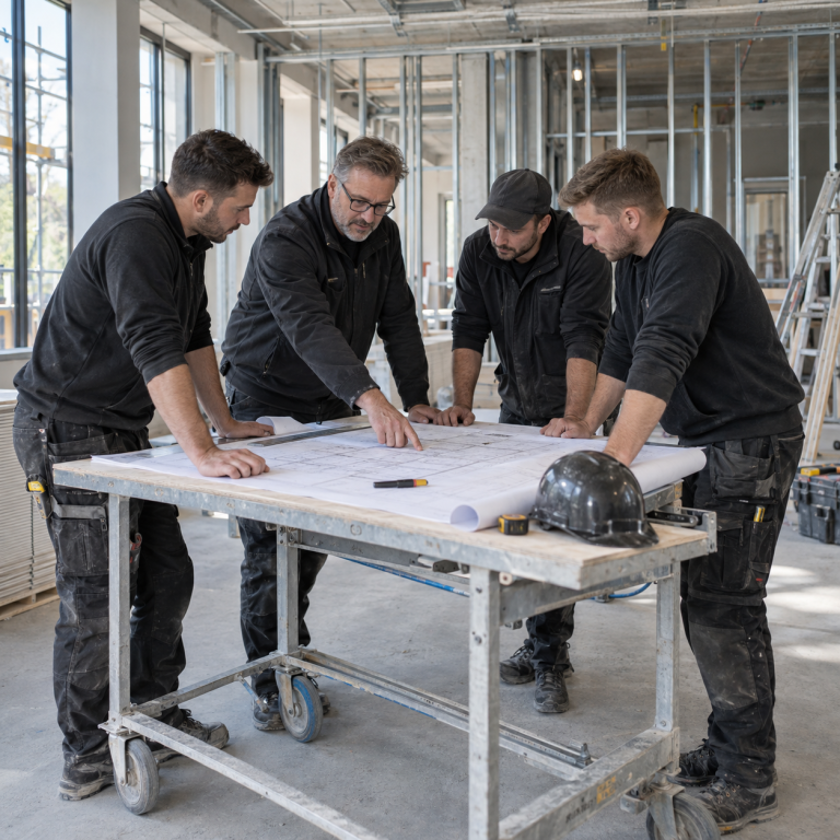 Projektbesprechung mit Montageteam auf der Baustelle Projektleiter und Montageteam stimmen Arbeitsabläufe anhand eines Bauplans auf der Baustelle ab.