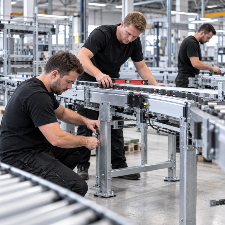 Sondermontage einer Förder- und Intralogistikanlage Drei Monteure richten eine Förder- und Intralogistikanlage in einer modernen Produktionshalle aus.
