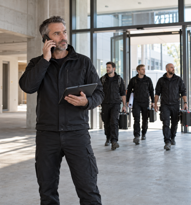 Koordinierter Projektstart mit Montageteam Projektleiter koordiniert den Einsatz, während das Montageteam mit seiner Ausrüstung am Projektstandort eintrifft.