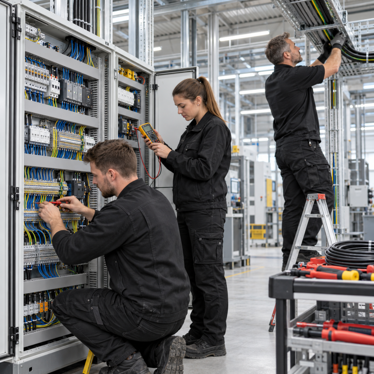 Industrie- und Elektromontage in einer Produktionshalle Drei Elektriker verdrahten eine industrielle Schaltanlage, prüfen Stromkreise und verlegen Leitungen in einer Kabeltrasse.