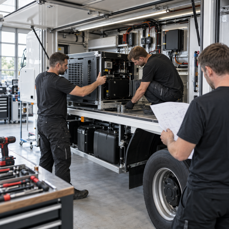 Technische Nachrüstung eines Nutz- und Sonderfahrzeugs Drei Monteure bauen ein technisches Aggregat und elektrische Systemkomponenten in ein Nutz- und Sonderfahrzeug ein.